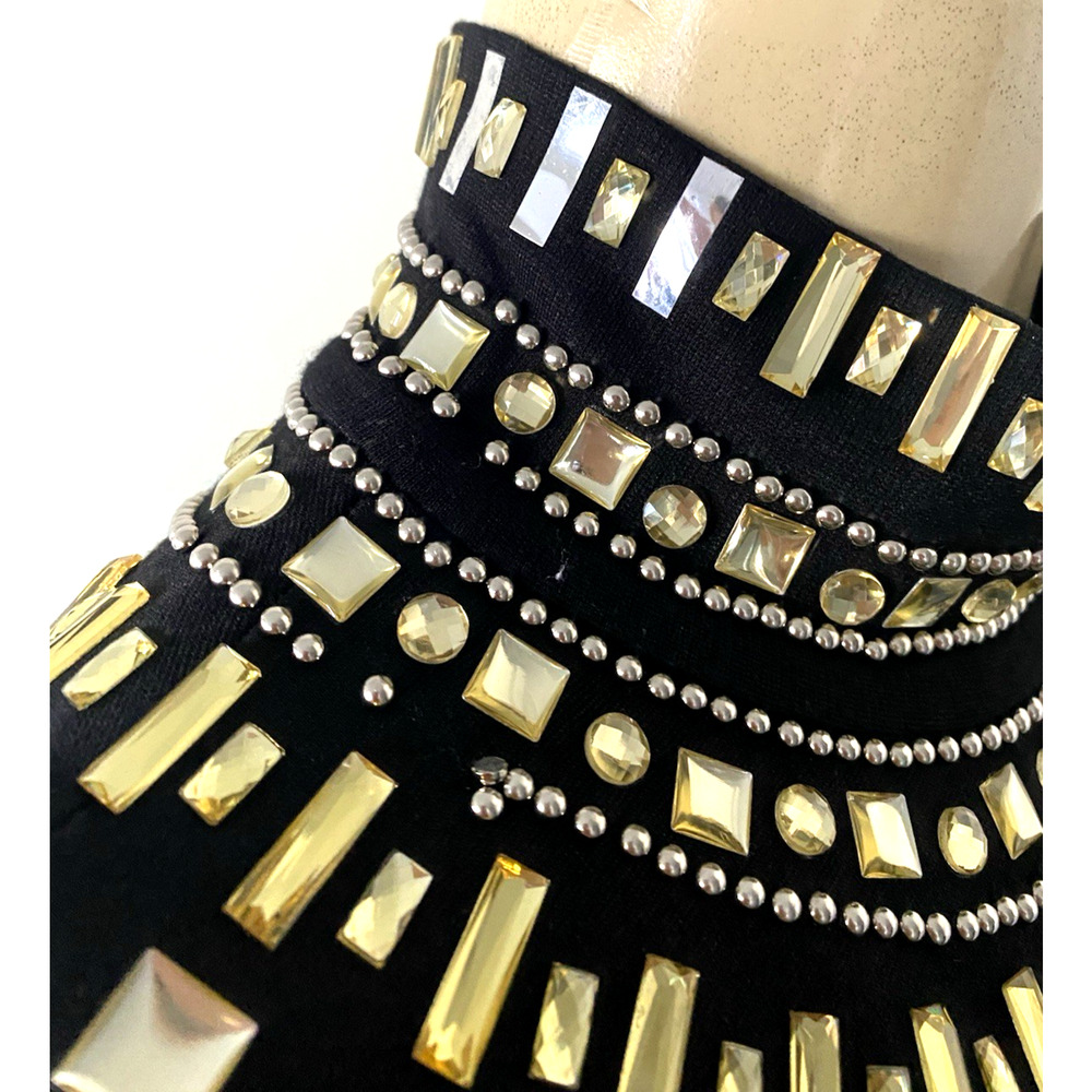 Grayse Black Dress Mock Neck Rhinestone Bead Gold Sheath Knit Sleeveless Mini L - Picture 6 of 11